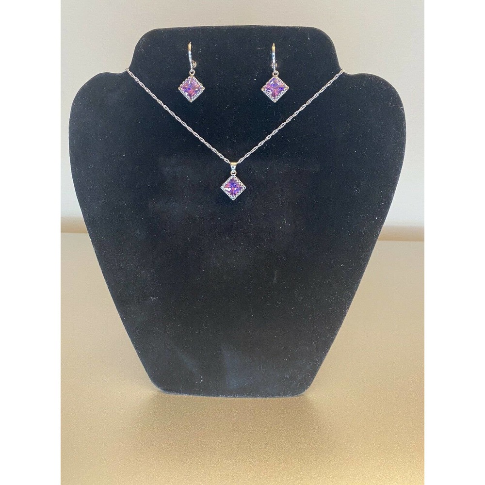 Silver PURPLE AMETHYST Princess Cut Crystal Cubic Zirconia Necklace Earrings Set